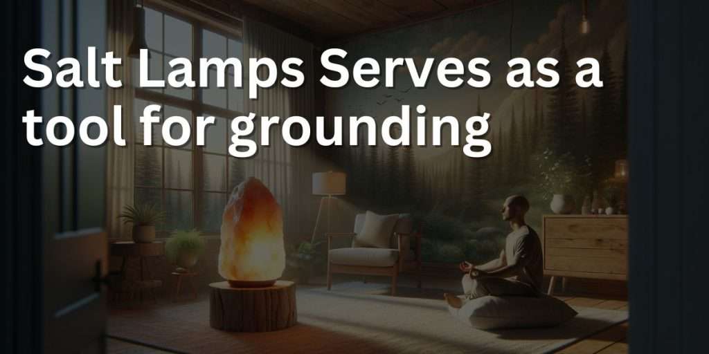 a peaceful interior where a Himalayan salt lamp is central to the concept of grounding. The lamp stands on a natural wood stump table, symbolizing its earthy origins. The room is decorated with elements that evoke the outdoors, like a wall painted with a mural of a forest scene, and a soft, earth-toned rug underfoot that resembles the forest floor. 