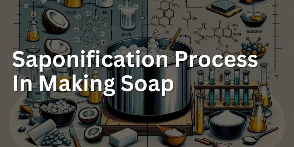 Detailed and informative illustration representing the saponification process in soap making. The image depicts a split-scene view, with one side showing the raw ingredients like coconut oil, olive oil, and lye being mixed in a large stainless steel pot, indicating the beginning of the saponification process. 