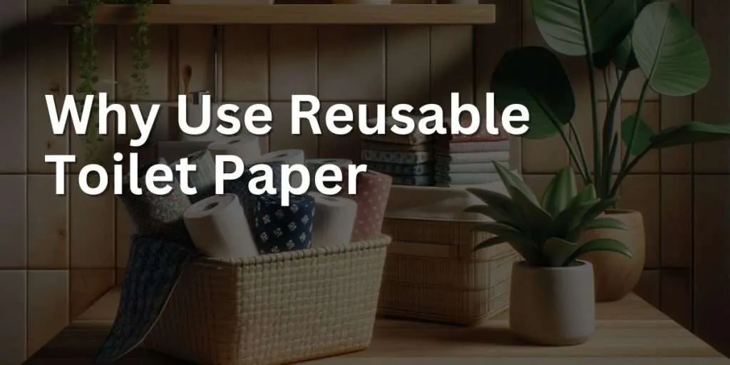 a modern and eco-conscious bathroom scene with a focus on reusable toilet paper. The image shows a neat, organized basket on a wooden shelf, filled with clean, folded cloth squares in various patterns and colors, representing reusable toilet paper. 
