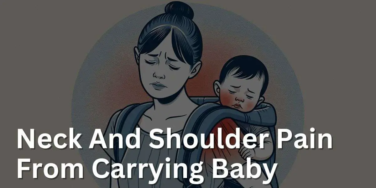 An illustration depicting a parent experiencing shoulder pain while carrying a baby in a baby carrier. The image shows the parent with visual cues like red areas or lines indicating shoulder pain, and their expression reflects discomfort. The baby appears comfortable in the carrier. The background is neutral, highlighting the specific health concerns and strain on the parent's shoulder from using a baby carrier.